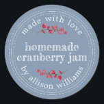Julhemades Cranberry Sylt Kan Vintage Blue Runt Klistermärke<br><div class="desc">Rustik och modern hemgjord jultomte i sylt som konserverar tranbär i sylt burk med kärlek, homemade tranbär i sylt och ert namn i modern skrift på en vintage blå bakgrund med en snyggt kranbär. Lägg bara till ditt namn och produkten namn på etiketten. Enbart designad för dig av Lycklig Dolphin...</div>