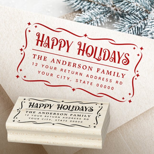Julhilsning med returadress stämpel (Festive Happy Holidays greeting return address Rubber Stamp)
