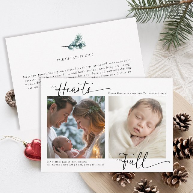 Julhjärtan Helt Modern Familj Bebis 2 Bilder Julkort (christmas family card baby announcement card chic calligraphy simple elegant 2 photos classic)