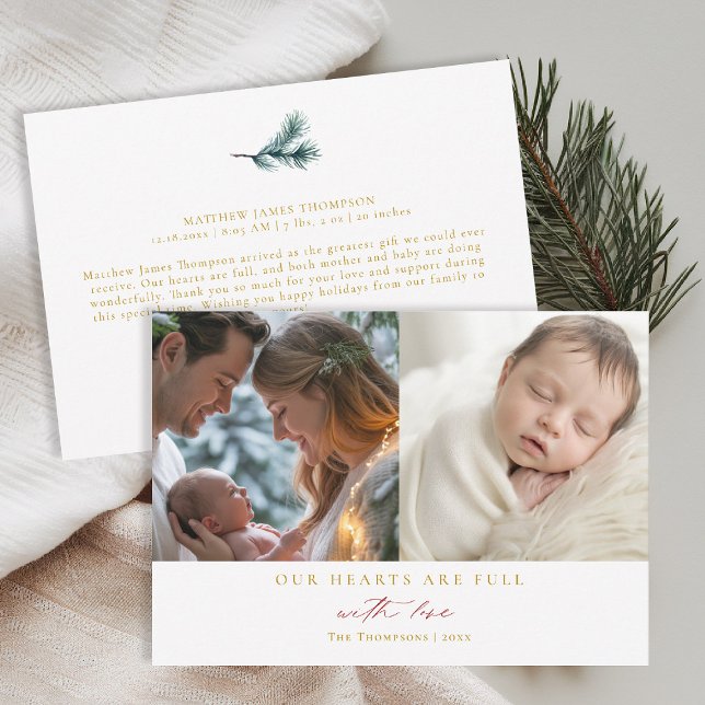 Julhjärtan Minimal Röd Familj Bebis 2 Bilder Julkort (christmas family card baby announcement with love calligraphy simple elegant 2 photos red gold)