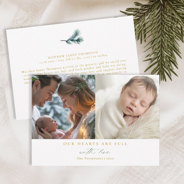 Julhjärtan Minimal Tall Familj Bebis 2 Bilder Julkort (christmas family card baby announcement with love calligraphy simple elegant 2 photos green gold)