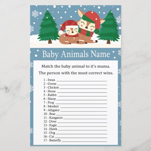 Julhjort Baby Djur Namnlek baby shower (Framsida)