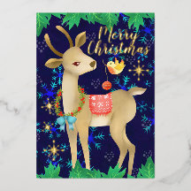 Julhjort med fågel. Blå.