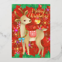 Julhjort med fågel. Röd. 