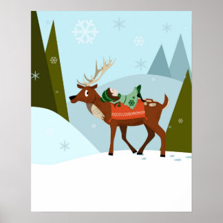 Julhjortar och tomte på snöiga bergstoppar poster