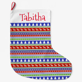 Julhjortar, träd och snöflingor stor julstrumpa