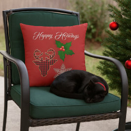 Julhjorthuvud, snöflinga och järnekblad   kudde