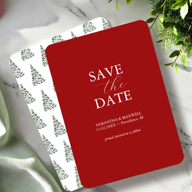 JulHochskede Spara Datum Inbjudan (Holiday wedding save the date invitations watercolor Christmas trees art by Victoria Grigaliunas)