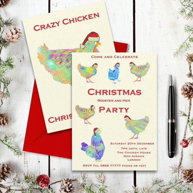 Julhöna och -hönefest (Rooster and hen themed christmas party invitation with cute colorful chickens wearing Santa hats)