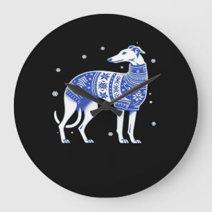 Julhund Greyhound Hund som bär en ful svettar Blå Stor Klocka