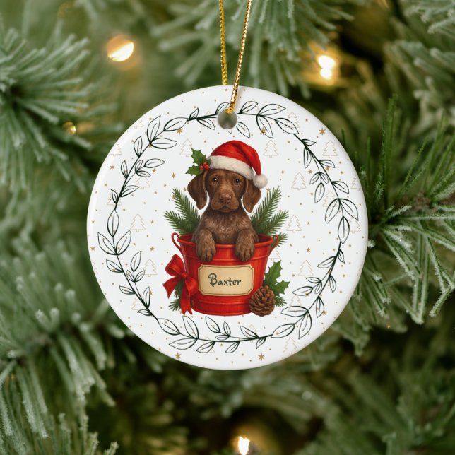 Julhund tysk korthårig pointer jultomte mössa julgransprydnad keramik (Träd)