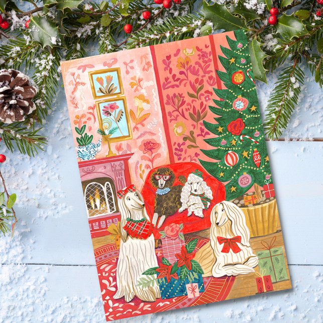 Julhundar Afghansk hund Handritad Helg Vykort (Afghan Hound Hand drawn Christmas Dog Holiday Postcard)