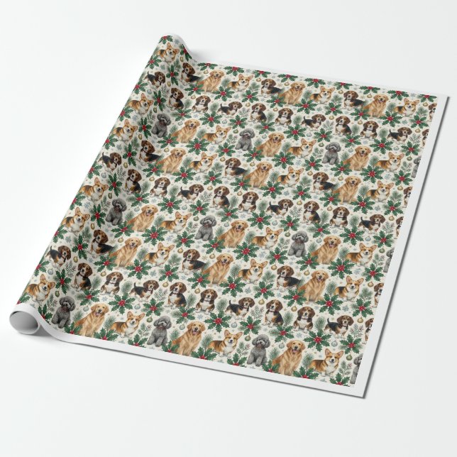 Julhundar & Julkrans Botanisk Inpackningspapper Presentpapper (Utrullad)