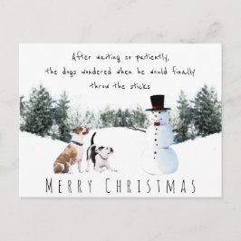 Julhundar som väntar på en pinne från en snöman vykort
