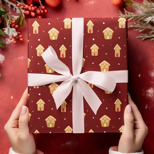 Julhus Gingerbröd på Mörk Red Background Presentpapper (Skapare uppladdad)