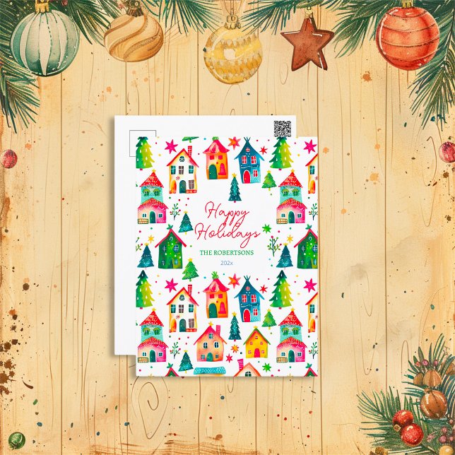 Julhus Glad helg Vykort (Cute Christmas Houses ("Happy Holidays") postcard)