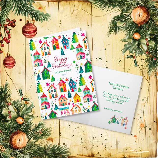 Julhus God Julhälsning Helgkort (Christmas Houses Happy Holidays Folded Card)