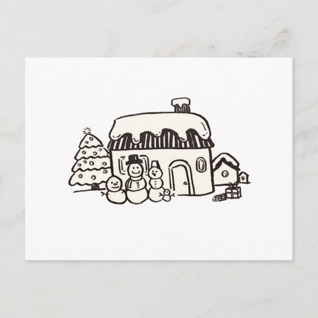 Julhus med snögubbe helg vykort (Framsida)