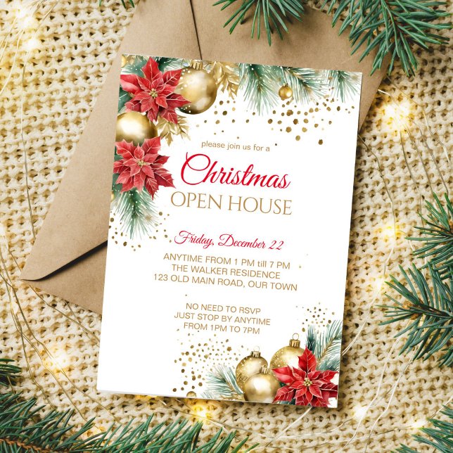 Julhuset party röd poinsettia guld inbjudningar (Christmas open house template invitation watercolor red poinsettia gold baubles pines gold sprinkles)