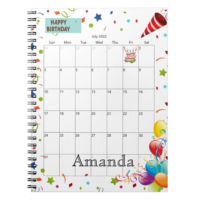 Juli 2022 Kalender Grattis på födelsedagen bärbar  Anteckningsbok (Framsidan)