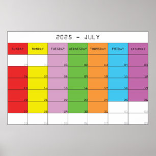 Juli 2025 färgdagar kalender planerare poster