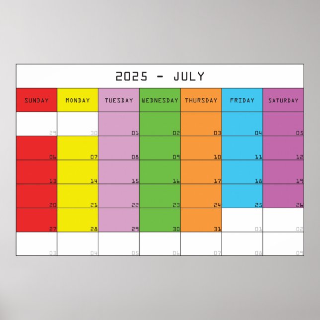 Juli 2025 färgdagar kalender planerare poster (Framsidan)