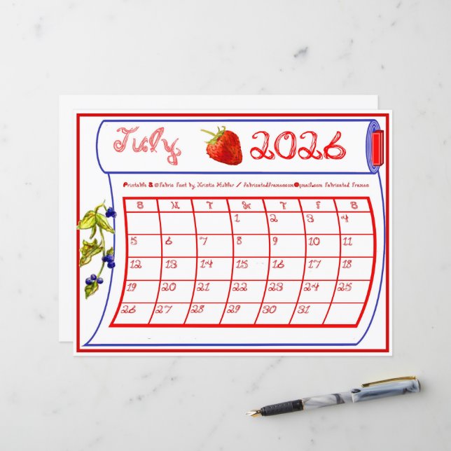 Juli 2026 Kalender Röd Blå Bärduk Typsnitt Bolt (Fram/Back In Situ)