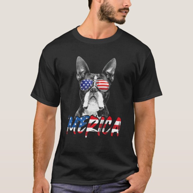 Juli 4:e Boston Terrier Merica American Flagga Pat T Shirt (Framsida)