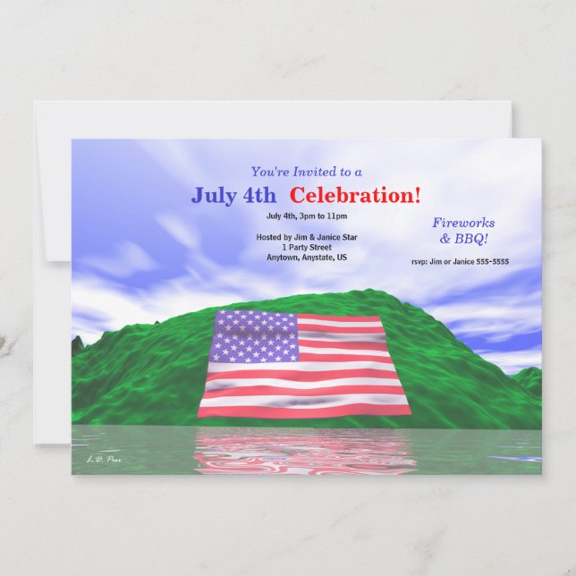 Juli 4:e Firande USA:s Flagga och Grönt Backe Inbjudningar (Framsida)