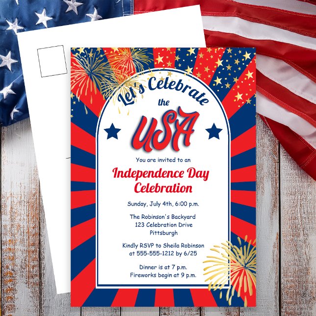 Juli 4:e Independence day firar USA Party Vykort (July 4th Independence Day "Let's Celebrate the USA" Holiday Postcard Invitation)
