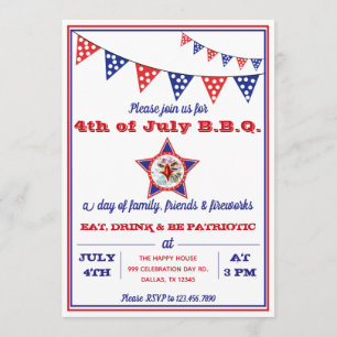 Juli 4:e öronen, röd, vit och blå BQ party Inbjudningar