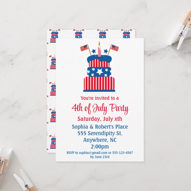 Juli, 4:e Party, rödvit och blå kummel Inbjudningar (Fram/Back In Situ)