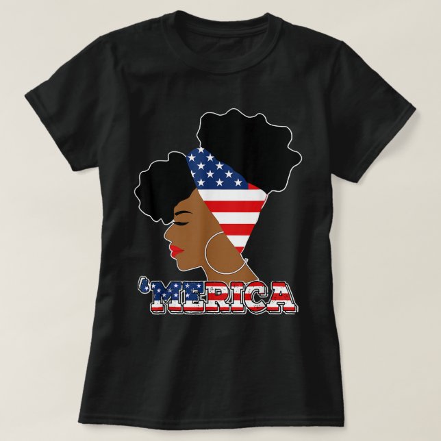 Juli 4:e patriotiska Afro Puff American Flagga Bla T Shirt (Design framsida)