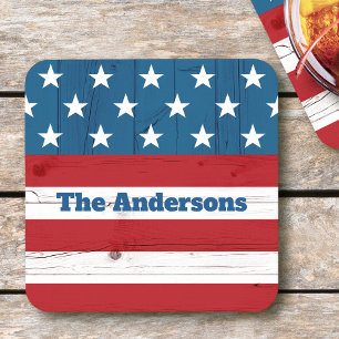 Juli 4:e Rustic Wood American Flagga Patriotic Nam Underlägg Papper Kvadrat