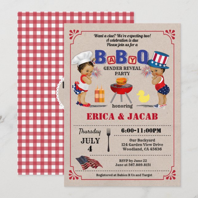 Juli 4:e twillingarna par BBQ babydusch Inbjudningar (Fram/baksida)