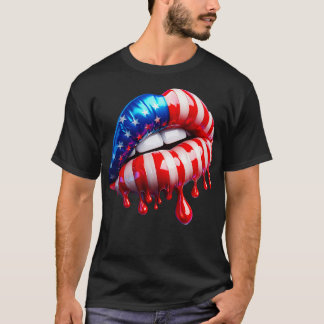 Juli 4:e USA flagga-kvinnorna läppar där läppstift T Shirt