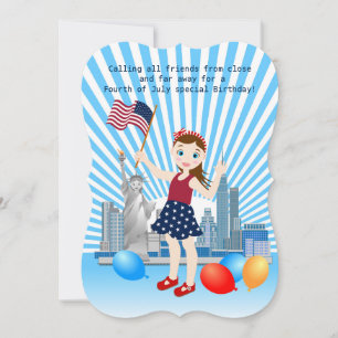 Juli 4e födelsedagen Girl med USA flagga Inbjudningar