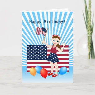 Juli 4e födelsedagen Girl med USA flagga Kort
