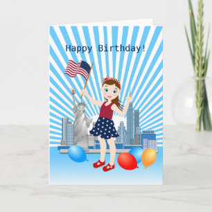 Juli 4e födelsedagen Girl med USA flagga Kort