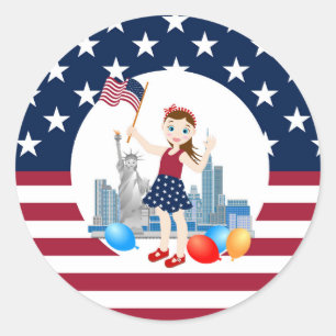 Juli 4e födelsedagen Girl med USA flagga Runt Klistermärke