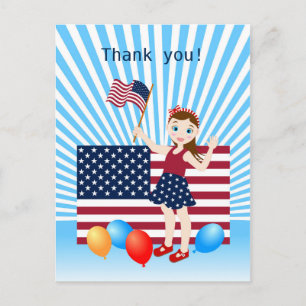 Juli 4e födelsedagen Girl med USA flagga Vykort