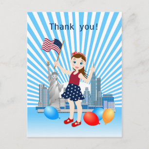 Juli 4e födelsedagen Girl med USA flagga Vykort