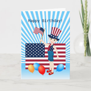 Juli 4e födelsedagen pojke med USA flagga Kort