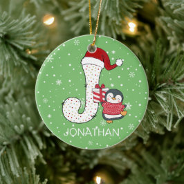 Juli Alphabet J Santa Hat Penguin Snowflake Julgransprydnad Keramik