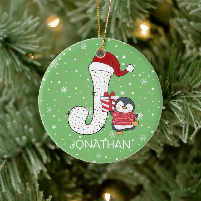 Juli Alphabet J Santa Hat Penguin Snowflake Julgransprydnad Keramik (Träd)