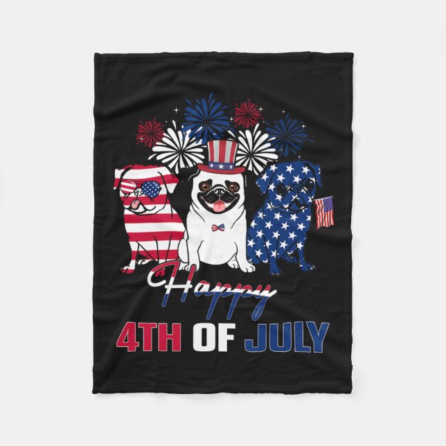 Juli American Flagga Three Red White Pug Blue Fire Fleecefilt (Framsidan)
