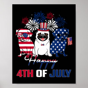 Juli American Flagga Three Red White Pug Blue Fire Poster