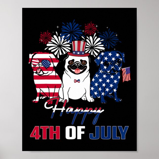 Juli American Flagga Three Red White Pug Blue Fire Poster (Framsidan)