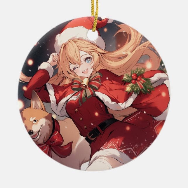 Juli Anime Girl och Jul Shiba Hund Julgransprydnad Keramik (Framsidan)