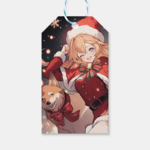 Juli Anime Girl och Jul Shiba Hund Presentetikett